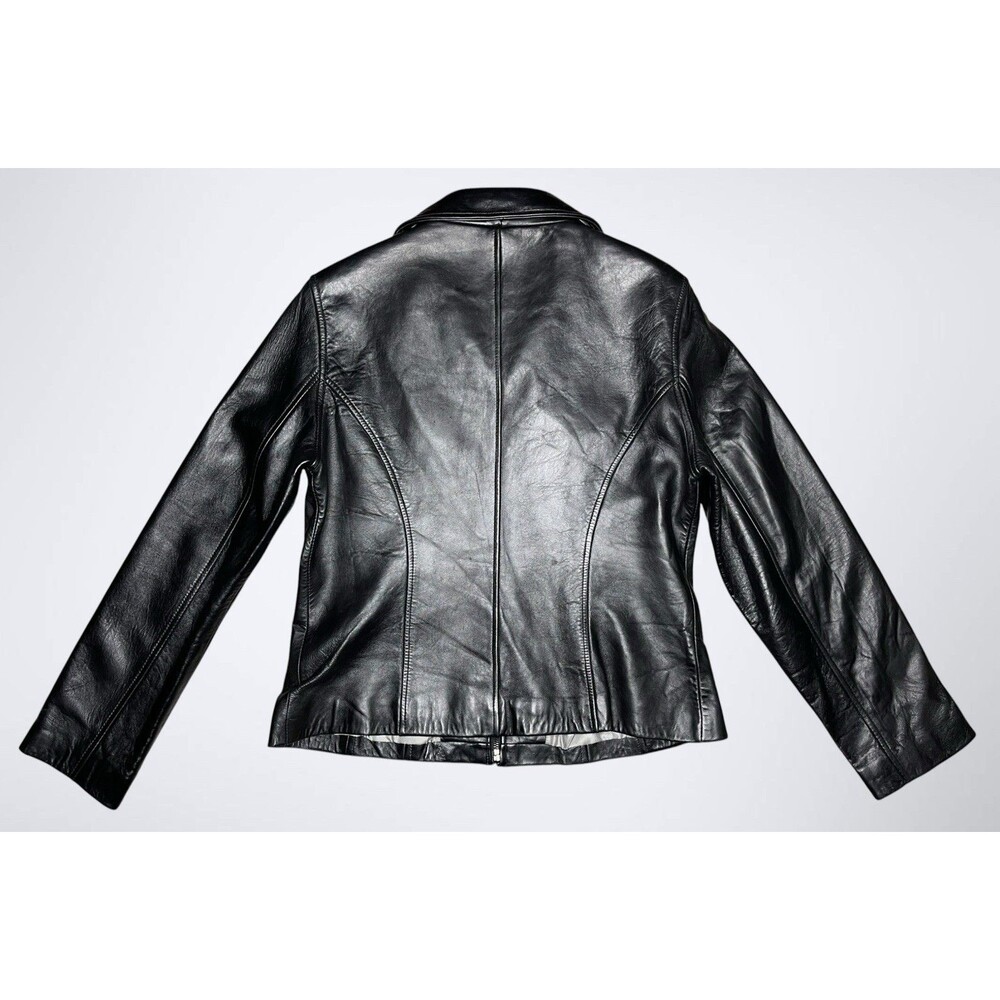 Vtg Y2K Guess Leather Bomber Jacket Womens LG Black Full Zip Biker 90s Grunge - Picture 3 of 12